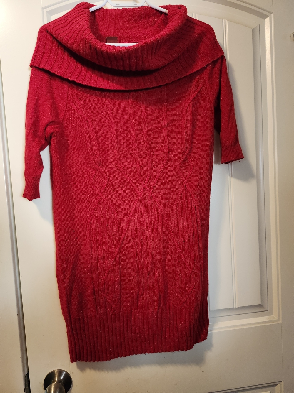 Olsen-Red Cable-Knit Cowl Neck Sweater Dress